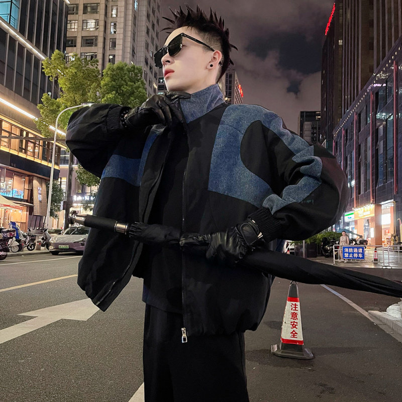 春秋新款xs小码小号短款痞帅牛仔拼接立领外套男褂子夹克休闲上衣