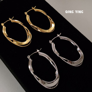 复古高级感极简金属圈圈耳环椭圆耳圈女轻奢小众不规则扭曲耳饰潮