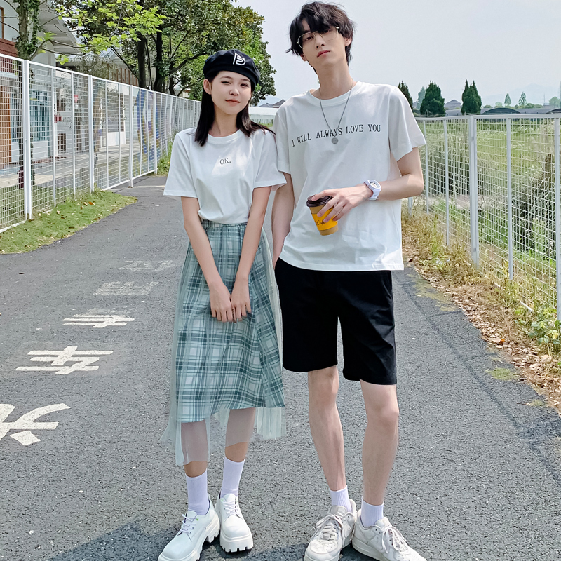 情侣装夏装套装短袖T恤你衣我裙子法式小众设计感一整套不一样的