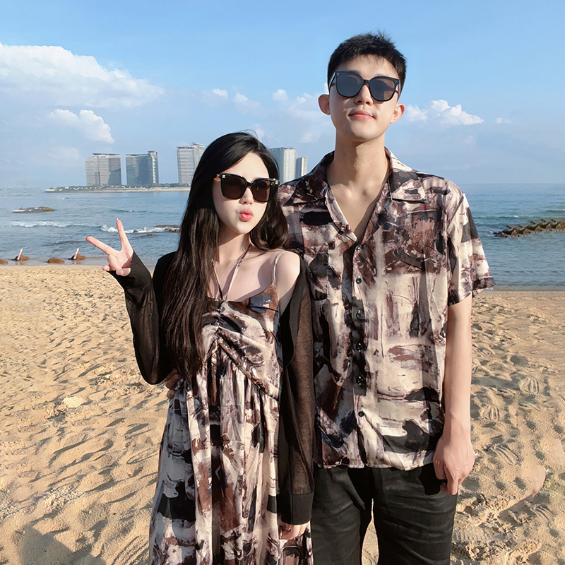 情侣装夏装衬衫吊带连衣裙三亚海边度假沙滩套装高级感一衣一长裙