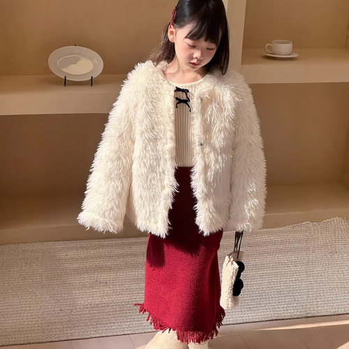 三年级 儿童韩版奶白毛毛外套冬环保皮草外套儿童夹棉棉衣