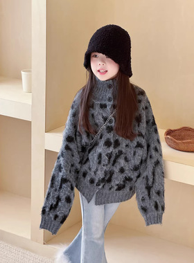 三年级 女童小众设计感韩版拉毛豹纹毛衣外套儿童宽松慵懒开衫