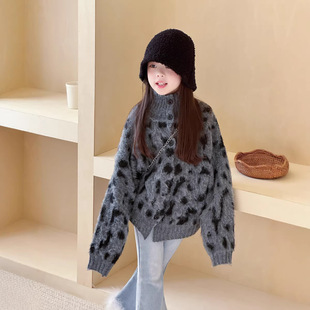 拉毛豹纹毛衣外套儿童宽松慵懒开衫 三年级 女童小众设计感韩版