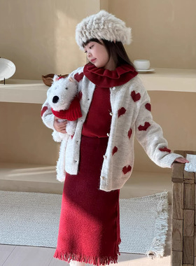 三年级 女童冬季韩版提花爱心开衫外套女宝宝温柔针织扣针织毛衣