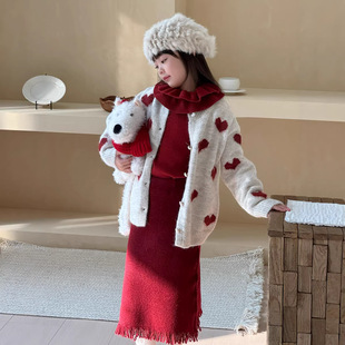 提花爱心开衫 韩版 外套女宝宝温柔针织扣针织毛衣 女童冬季 三年级