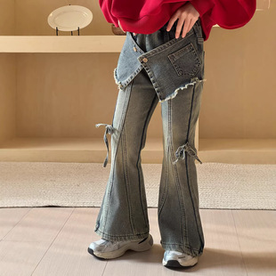 长裤 女宝宝屁帘加绒微喇裤 女童复古做旧水洗牛仔裤 三年级