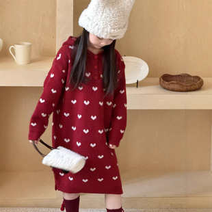女宝宝宽松连帽针织衫 爱心毛衣裙 新年长裙 儿童秋冬韩版 三年级