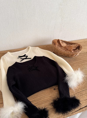 三年级 女童新款韩版蝴蝶结针织毛衣 女宝宝鸵鸟毛袖针织衫内搭