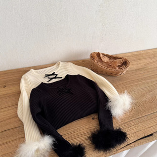 女童新款 针织衫 韩版 女宝宝鸵鸟毛袖 内搭 蝴蝶结针织毛衣 三年级