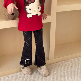 韩版 新款 圆点喇叭裤 女宝宝加绒微喇裤 三年级 九分裤 女童冬季