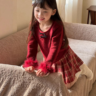 三年级女童新年洋气内搭儿童拼接鸵鸟毛袖 针织气质千金打底毛衣