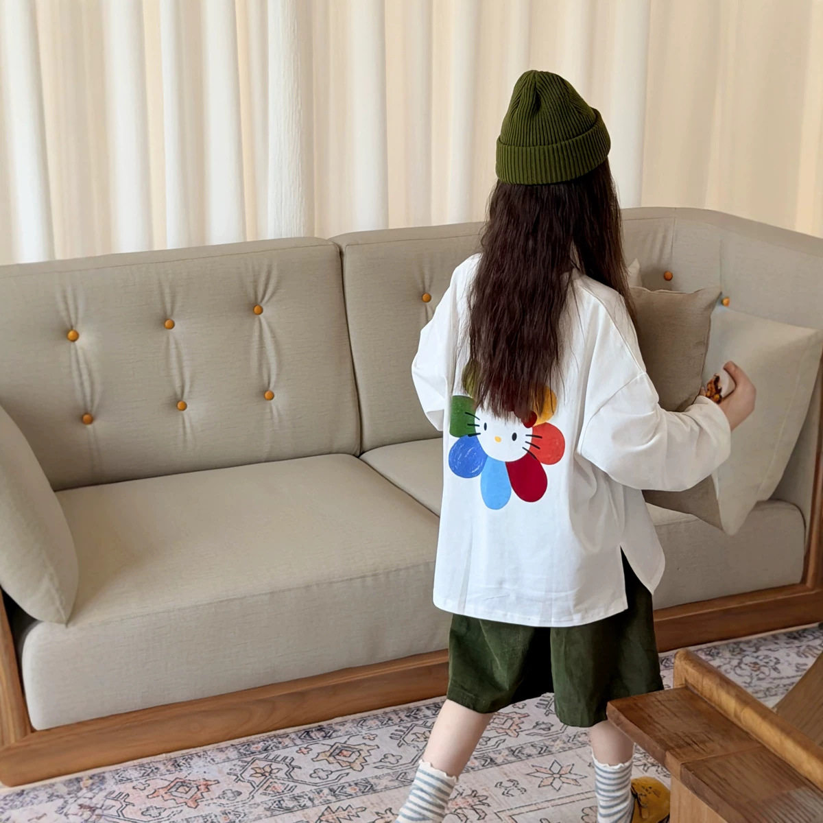 2026秋季新款童装 女童创意七彩花猫咪印花T恤 儿童宝宝宽松上衣