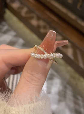 轻奢珍珠交叉戒指女ins气质温柔超闪小众个性百搭食指戒子可调节