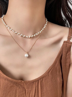 气质珍珠双层叠戴锁骨链项链轻奢小众高级感女韩国时尚网红颈链潮