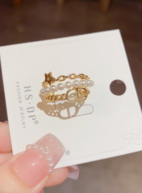 个性时尚链条珍珠多层开口戒精致小众简约设计款可调节大小配饰品