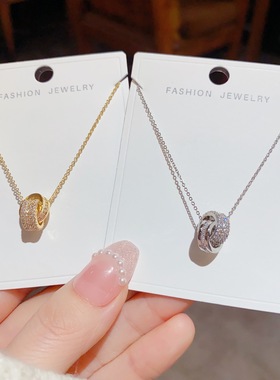 2025新款轻奢小众高级设计感微镶锆石相交圆环项链双环扣精致简约