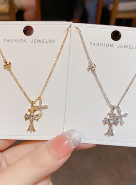 韩版精致气质时尚锆石双十字架吊坠项链个性轻奢百搭高级感锁骨链