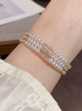 2025新款欧美个性时尚百搭珍珠弹力叠戴手镯女精致气质轻奢设计感