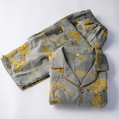 高工古风翻领睡衣男士纯棉纱开衫长袖长裤夏季家居睡眠服薄可外穿