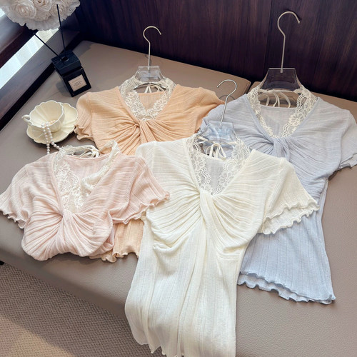 法式挂脖蕾丝显瘦针织衫女夏款