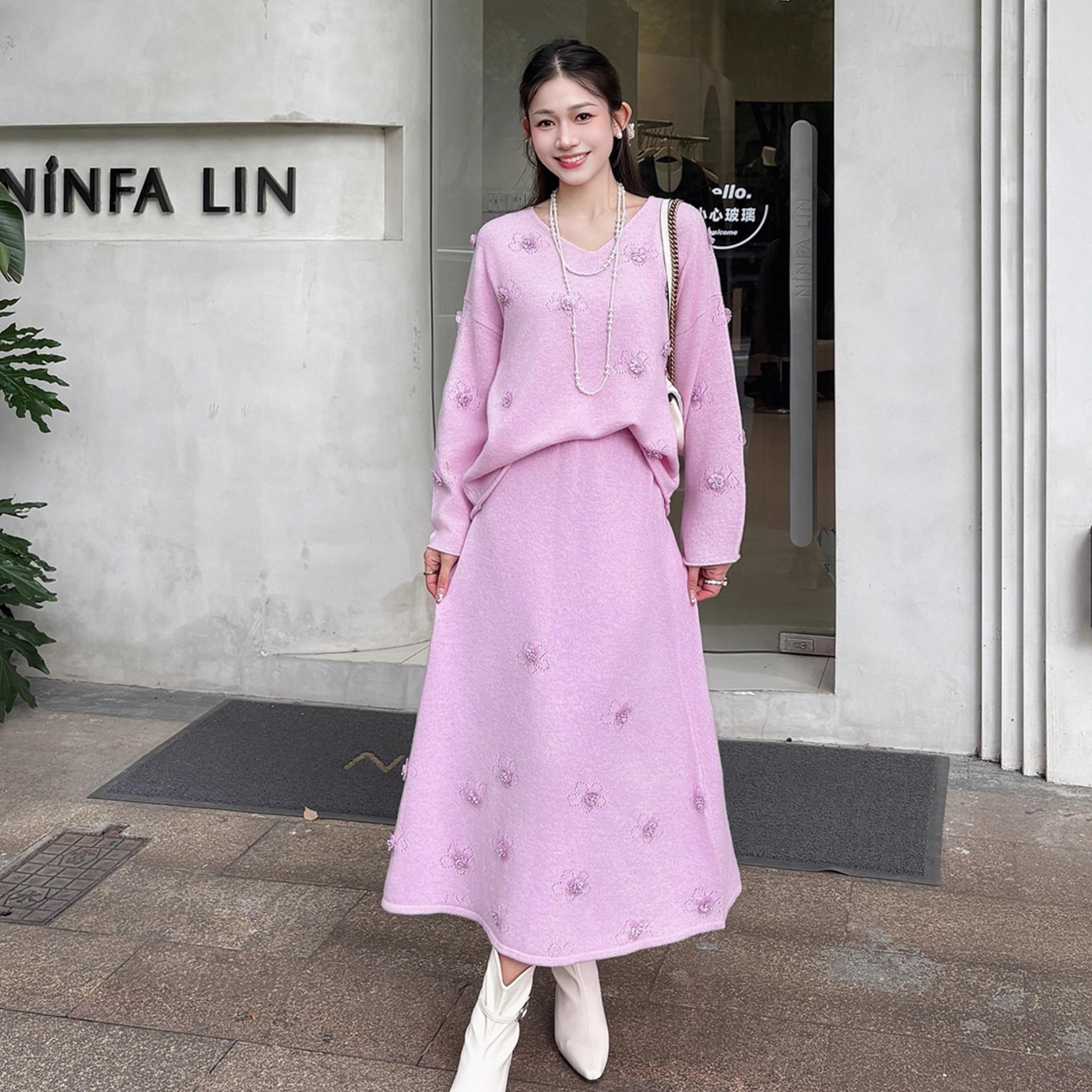 韩系甜美风立体花朵长袖毛衣套头上衣+半身裙套装2025女冬季新款