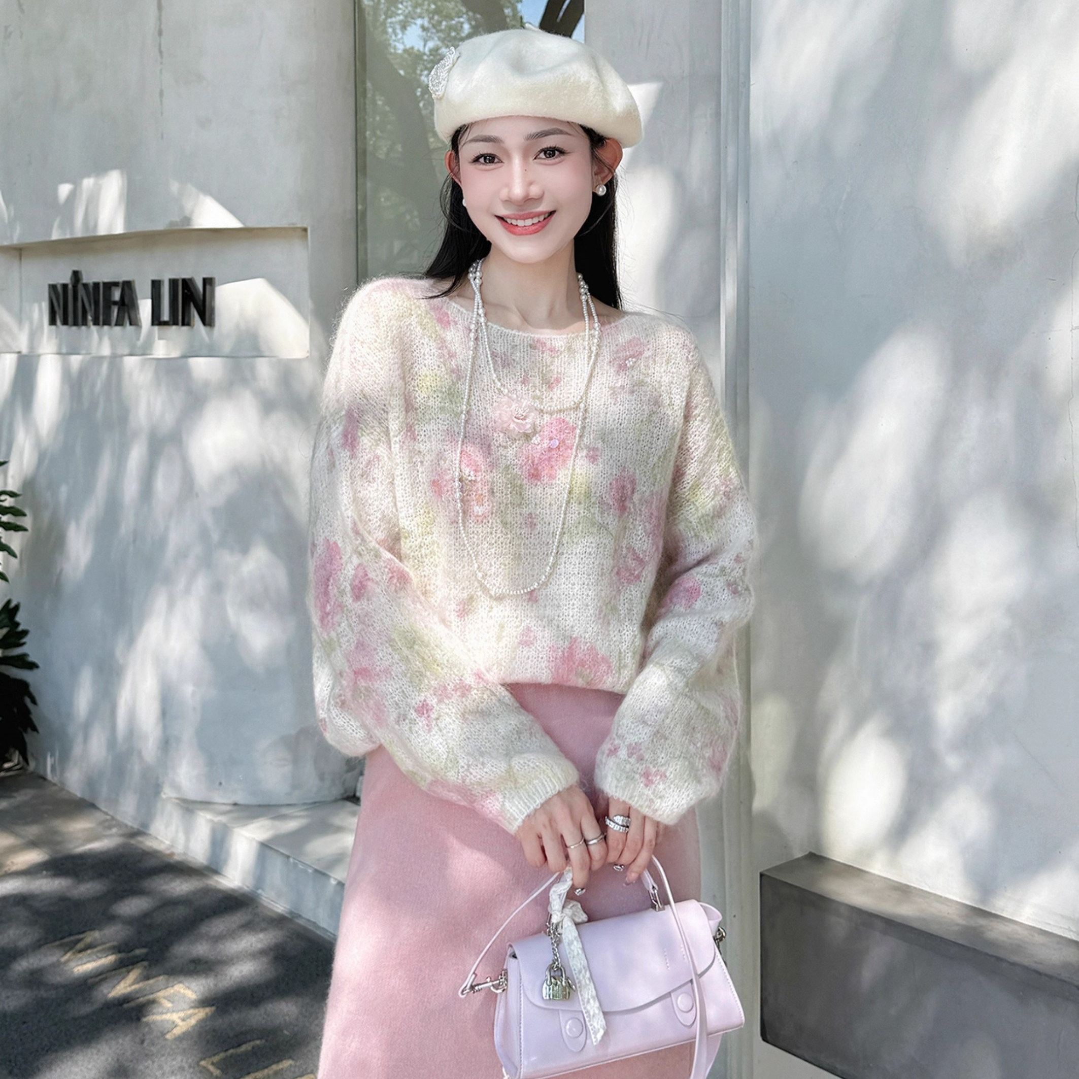 甜美风晕染花朵亮片钉珠圆领长袖马海毛针织毛衣2025女秋冬新款