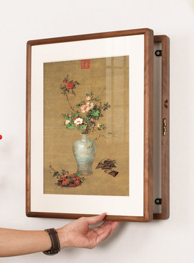北美黑胡桃实木电表箱挂画新中式翻盖配电箱遮挡电闸盒装饰画竖款