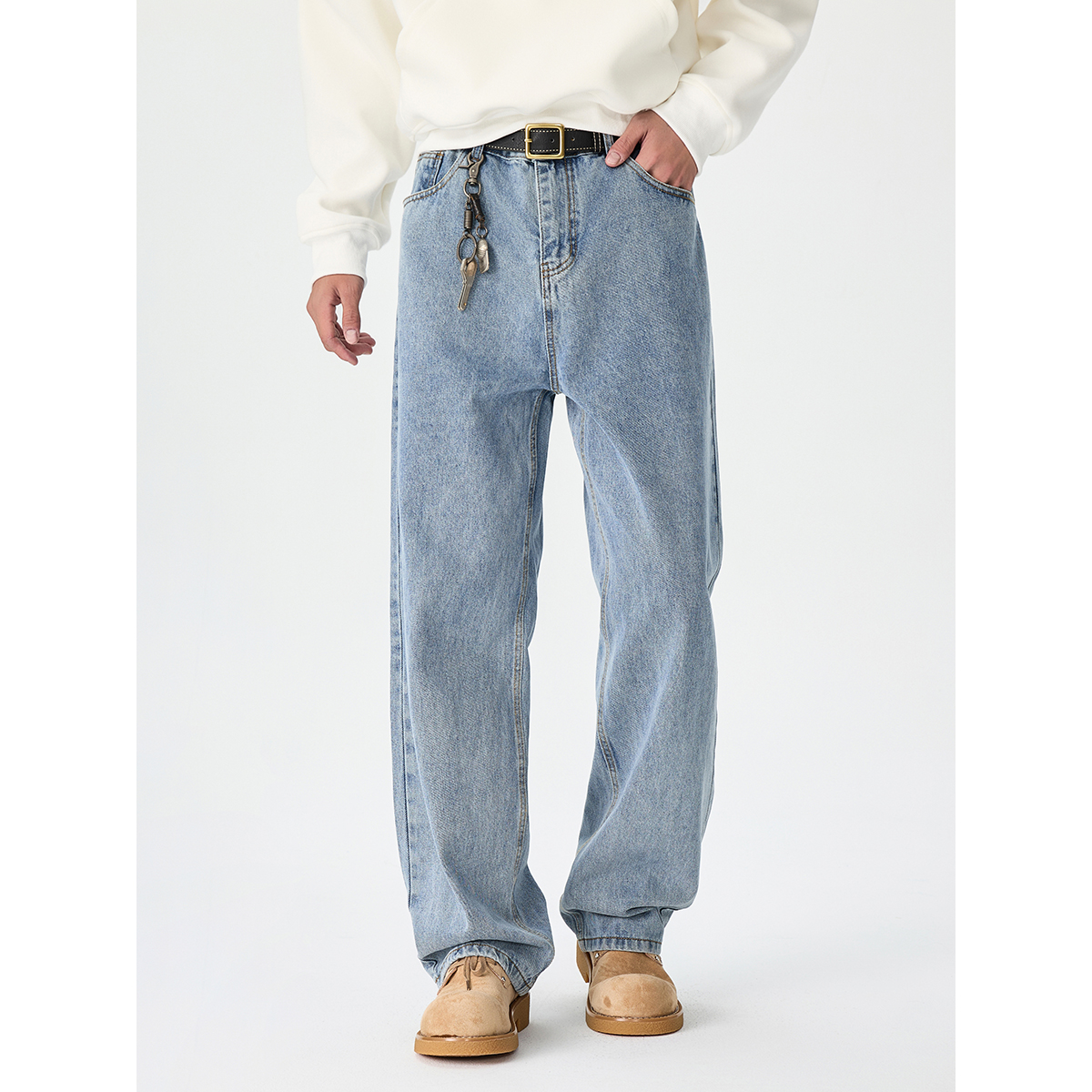 BOLM秋季新款日系基础款浅蓝色宽松直筒牛仔裤男显高长裤百搭潮牌