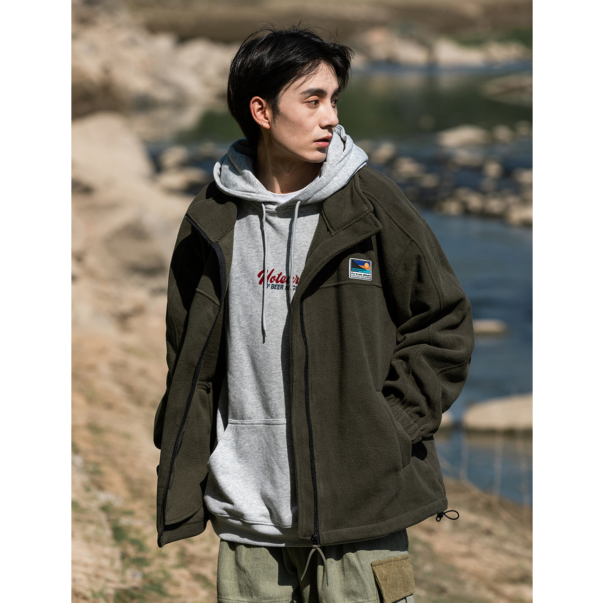 春秋款宽松立领情侣款摇粒绒夹克