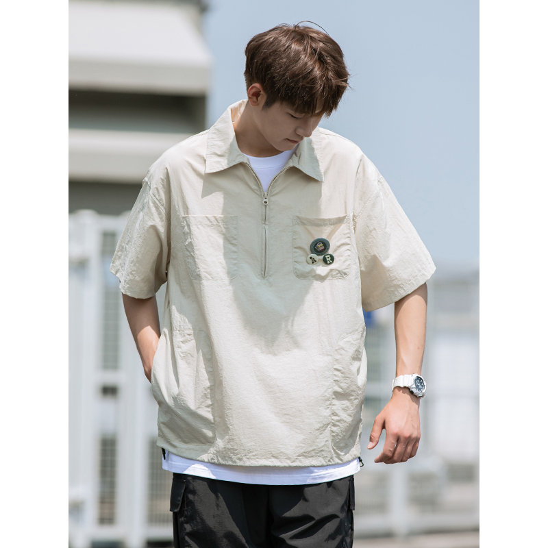 尖领短袖日系口袋装饰衬衫半拉链