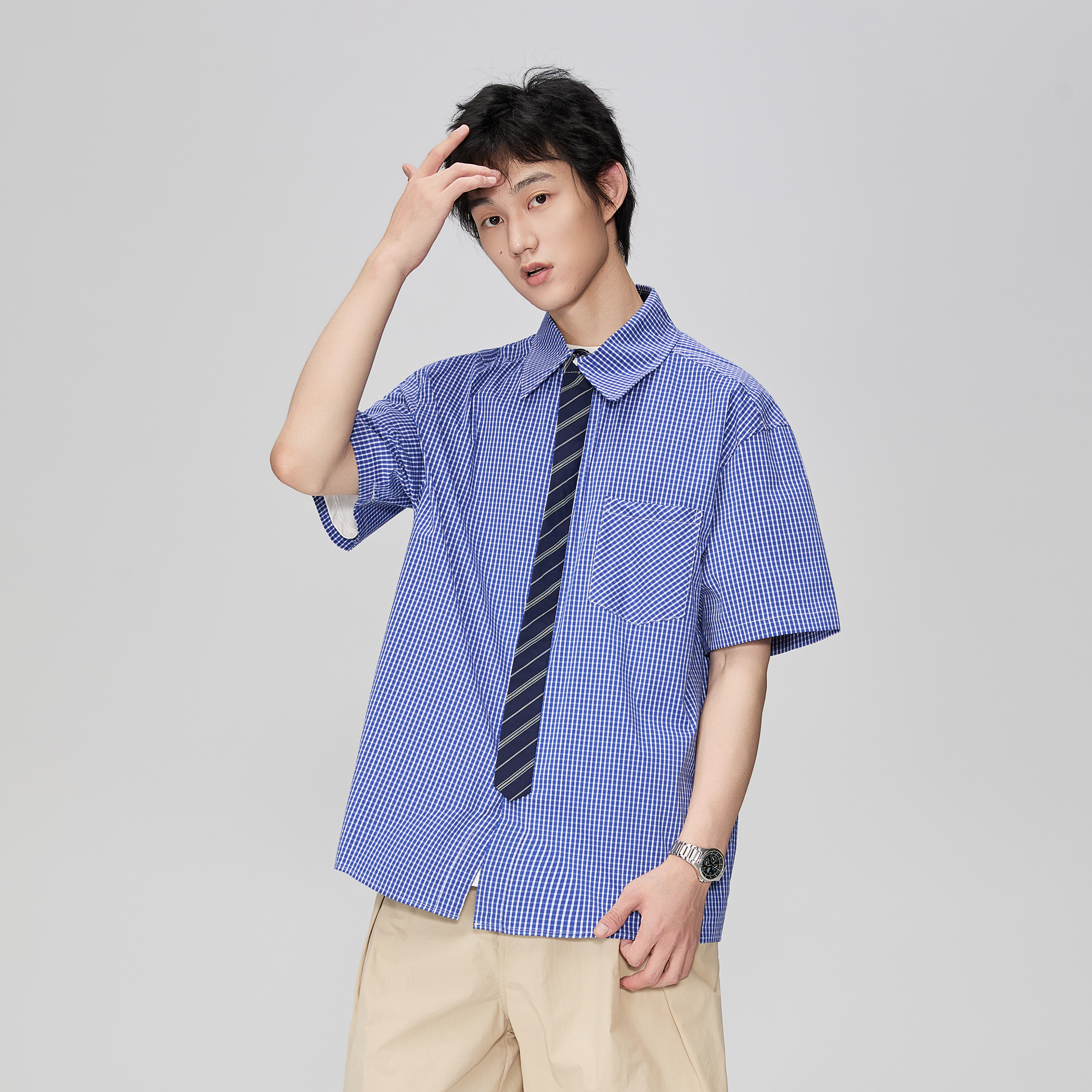 BOLM日系领带格子短袖衬衫