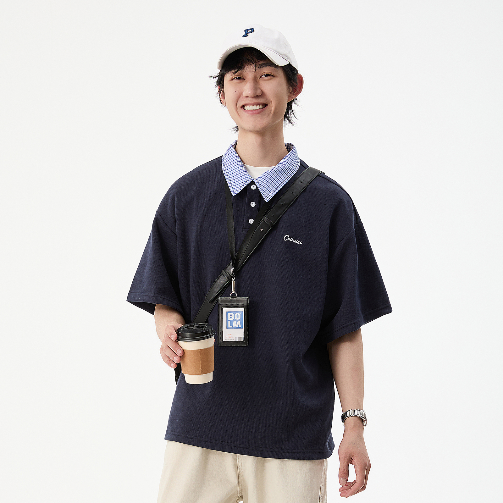 BOLM日系格子衬衫领短袖POLO衫