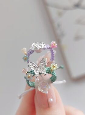 足银999纯银玫瑰花树叶编绳紫色戒指蝴蝶花朵编织戒指可调节