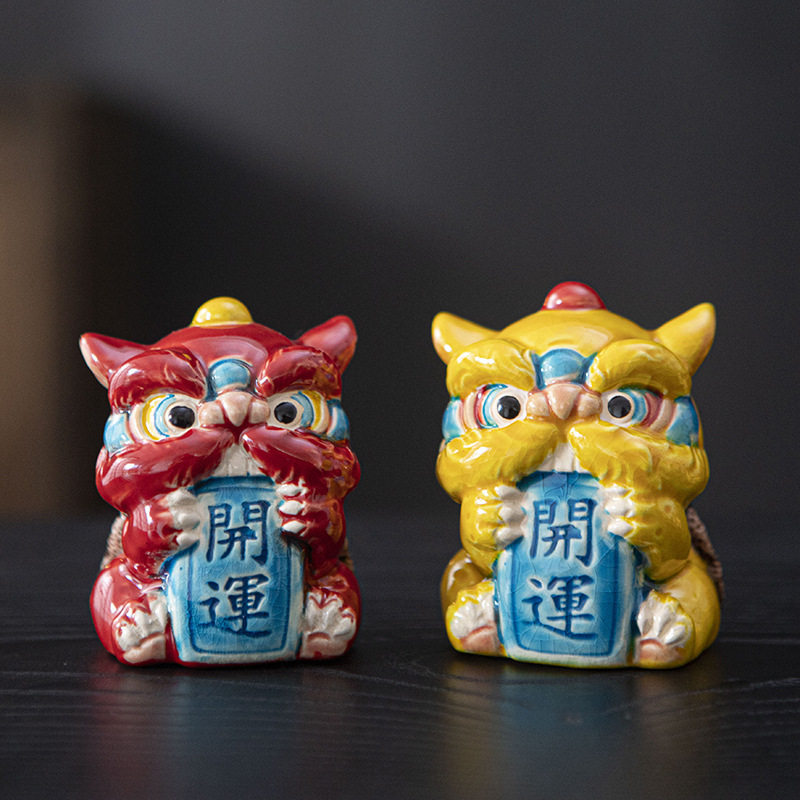 醒狮摆件国潮舞狮文创厦门交趾陶陶瓷工艺品客厅酒柜装饰品家居