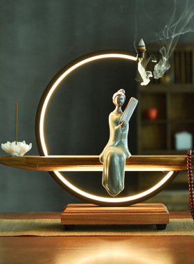 新中式USB灯饰倒流香陶瓷摆件创意家用客厅玄关桌面家居装饰摆设