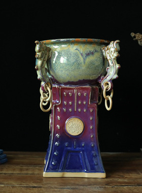 陶瓷聚宝盆 钧瓷瓷器摆件中式 家居客厅装饰礼品工艺品