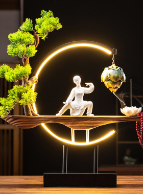 功夫太极拳人物陶瓷摆件中式USB灯客厅书房艺术工艺品家居装饰品