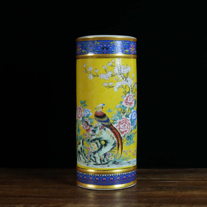 景德镇陶瓷珐琅彩描金书画筒 中式家用瓷器工艺品 客厅家具摆件