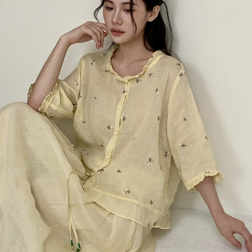 文艺气质苎麻刺绣短袖开衫女2026