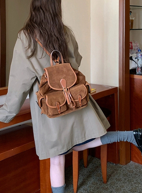 POLO老钱风复古麂皮双肩包女大容量轻奢小众高级感旅游轻便背包