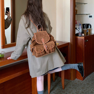 POLO老钱风复古麂皮双肩包女大容量轻奢小众高级感旅游轻便背包