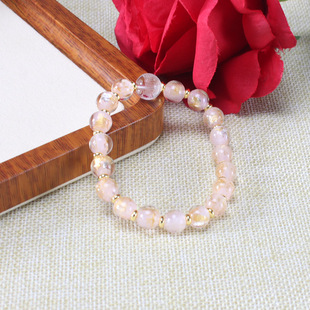 北京宫款香灰金箔琉璃手串改款粉色半金半银箔珠白水晶刻字心经