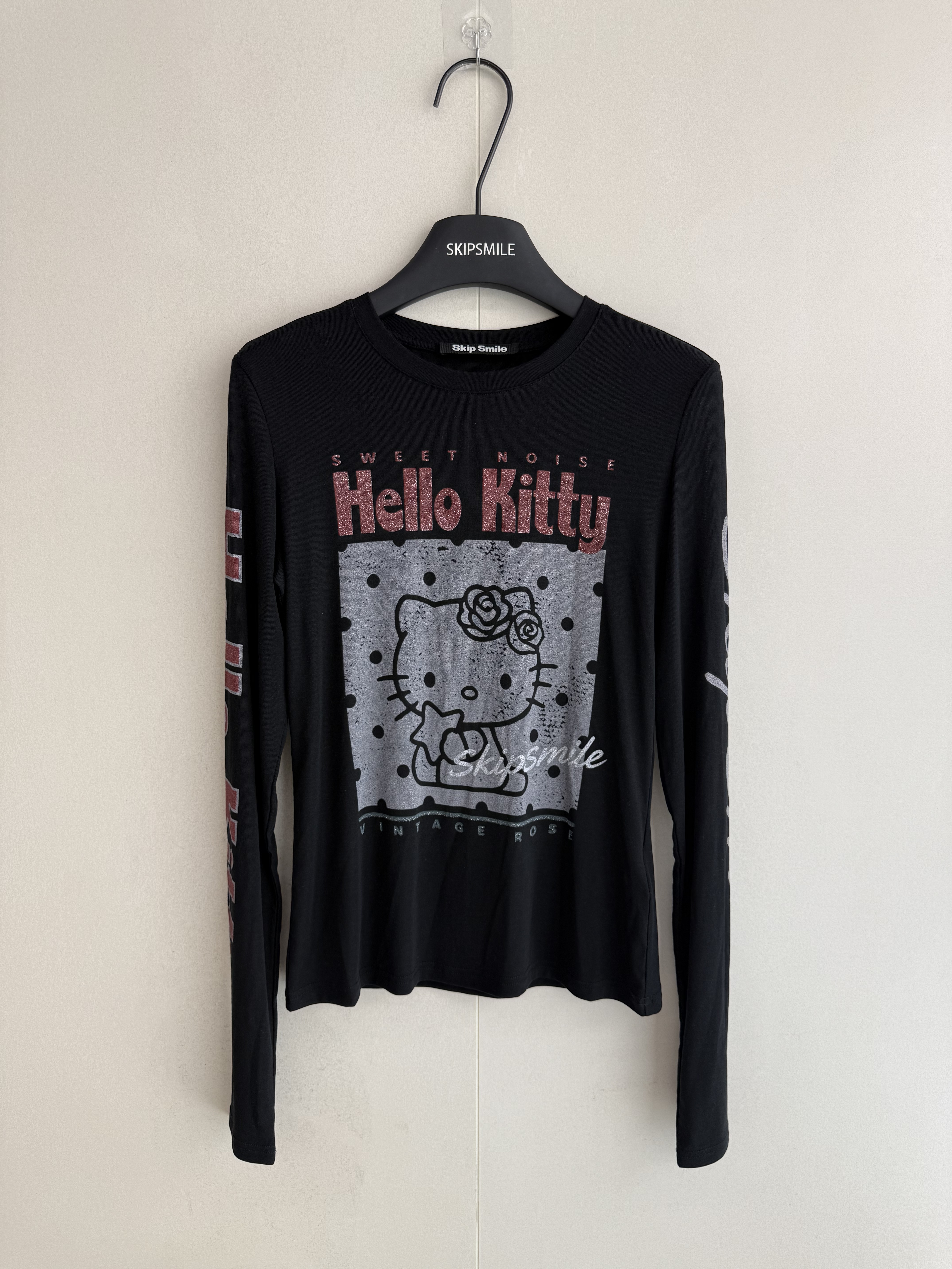Skip Smile甜酷风穿搭Kitty猫咪字母印花长袖T恤潮辣妹修身打底衫