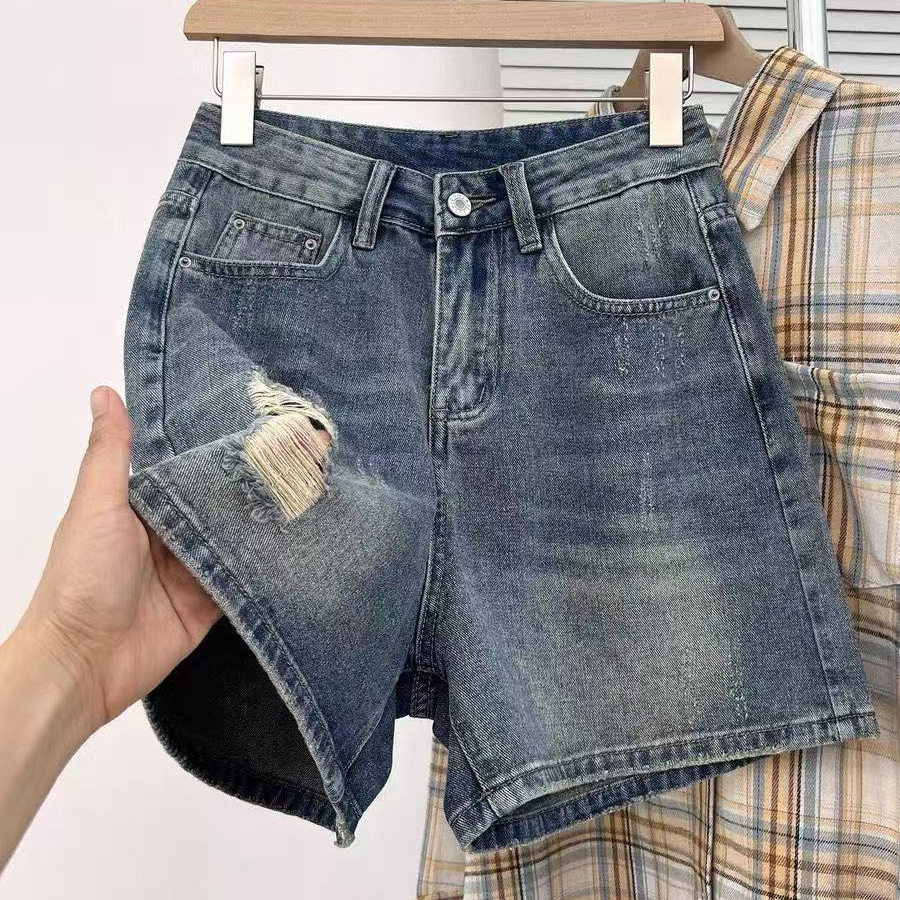 南郭良品夏季复古做旧破洞牛仔短裤女大码胖mm遮胯显瘦a字高腰阔
