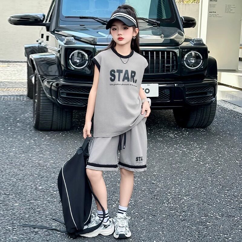 南郭良品女童运动套装夏季女大童韩版洋气宽松无袖背心短裤两件套