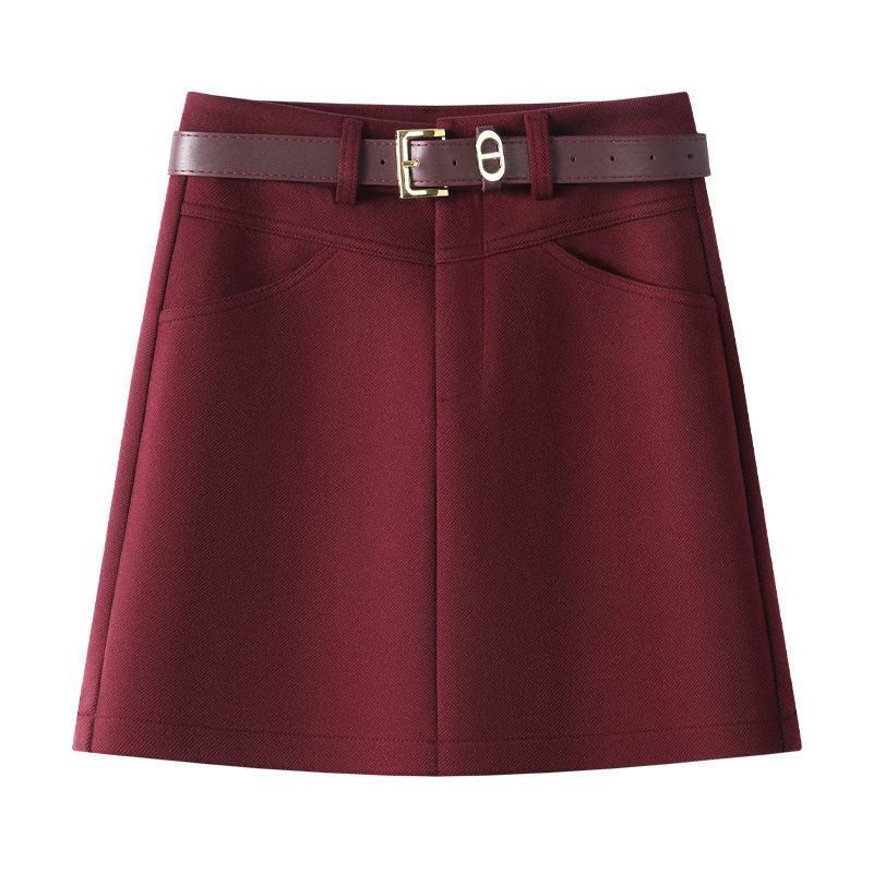 红色西装半身裙女腰带秋冬款气质包臀裙高腰显瘦A字短裙