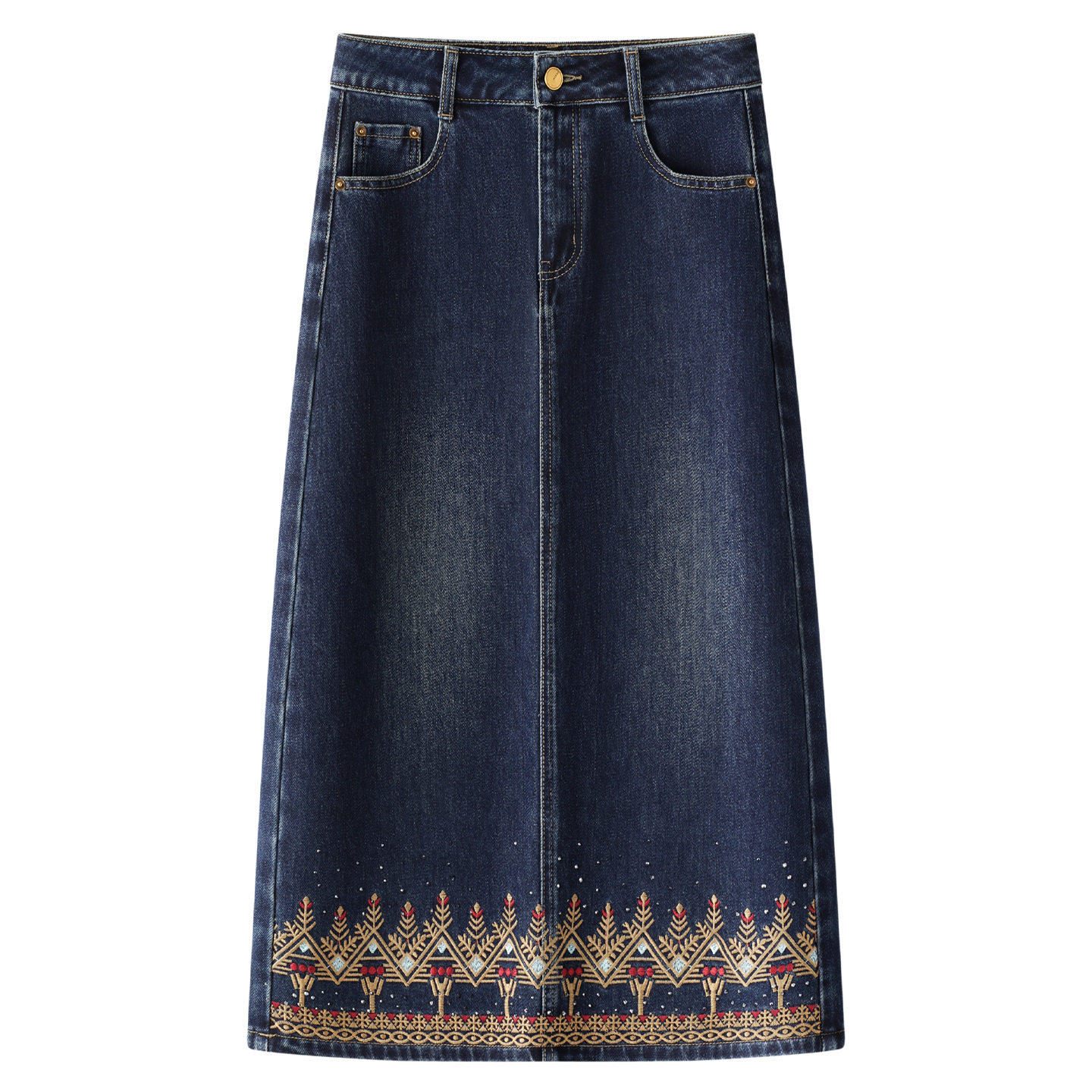 蓝色刺绣花边牛仔半身裙女秋季新款感宽松中长款直筒裙子