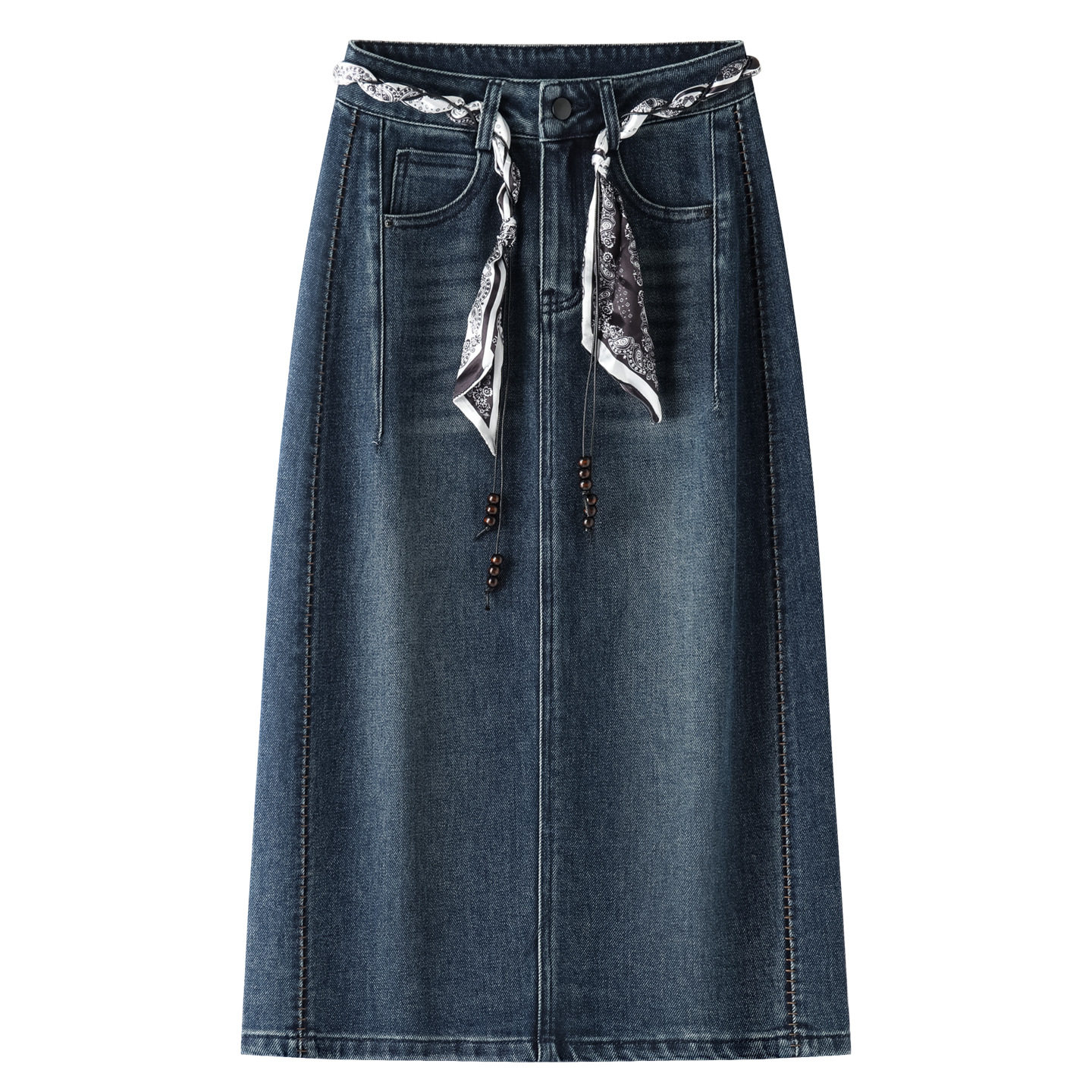 蓝色牛仔直筒半身裙女2026春季窄版高腰显瘦开叉中长款一步裙