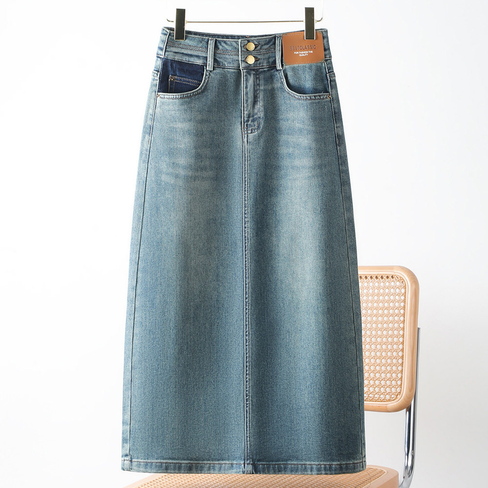 系扣牛仔半身裙女2026新款夏季高腰A字包臀裙显瘦中长款开叉半裙