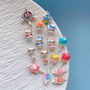 足银999纯银饰配件烧蓝KT猫彩虹棒棒糖拨浪鼓吊坠提溜挂坠diy手串